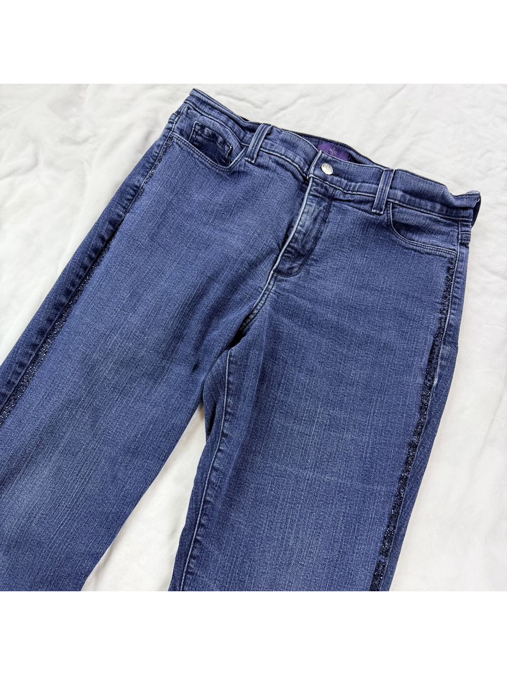 NYDJ Womens 14 Straight Leg Jeans Blue Rhinestone Side Stripe Made in USA